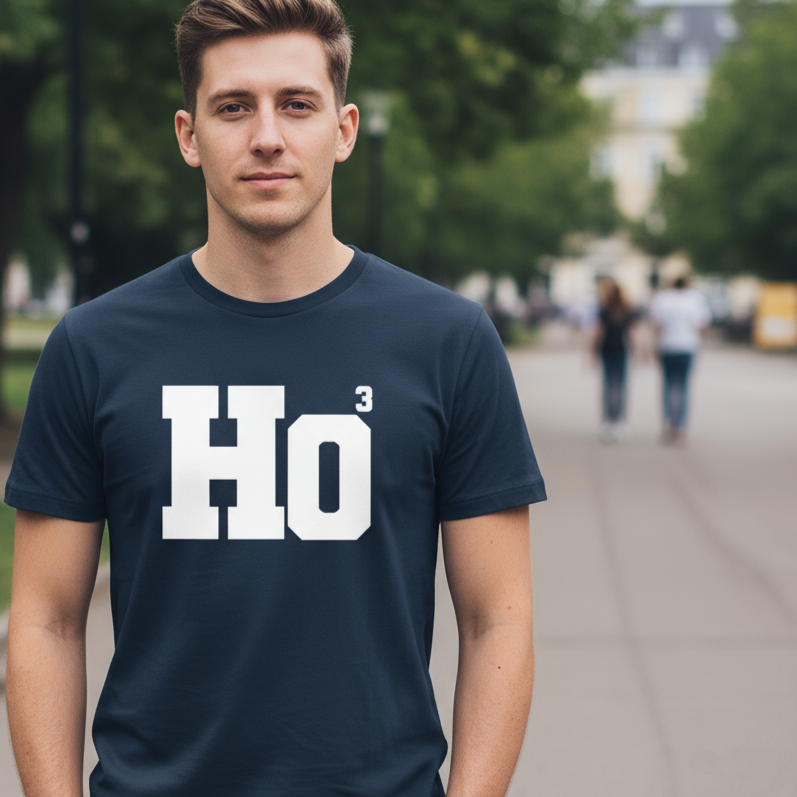 Man wearing a navy blue t-shirt with 'Ho3' printed on it, standing outdoors.