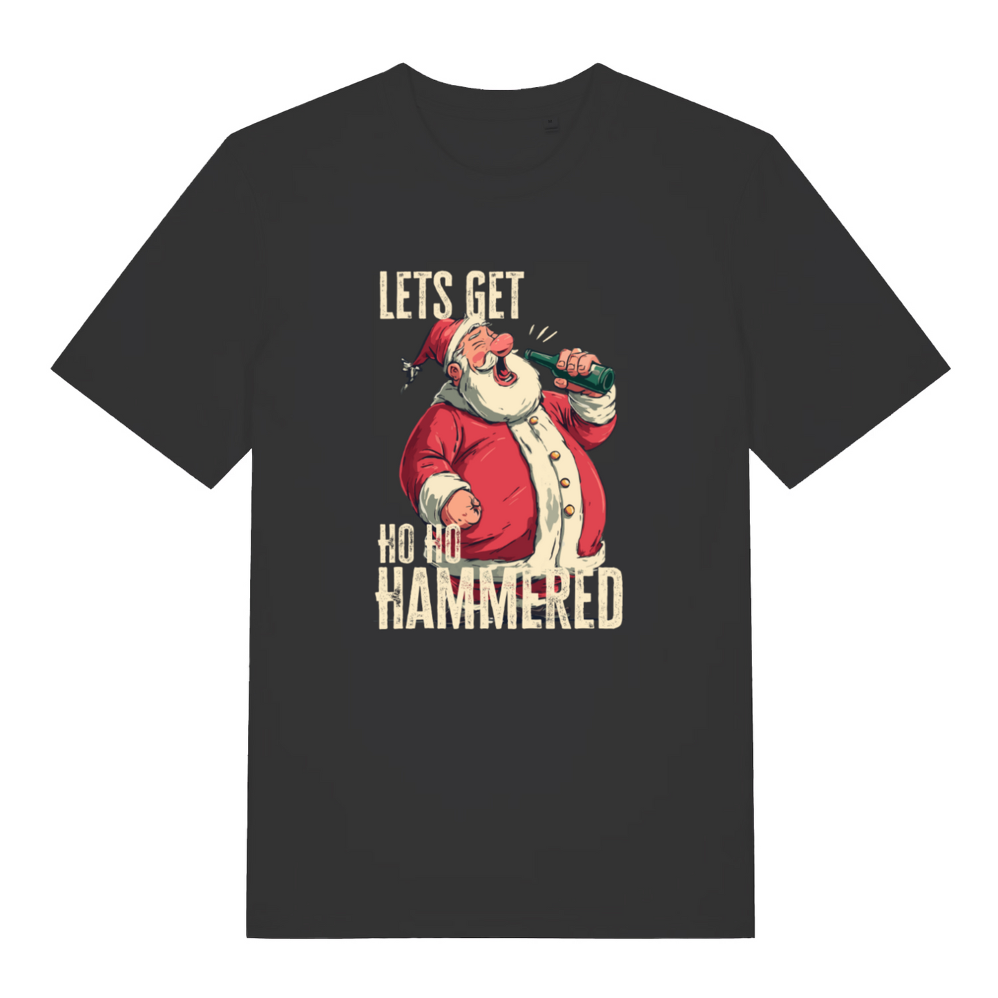 black christmas t-shirt with the graphic of santa drinking a beer and the slogan 'lets get ho ho hammered'