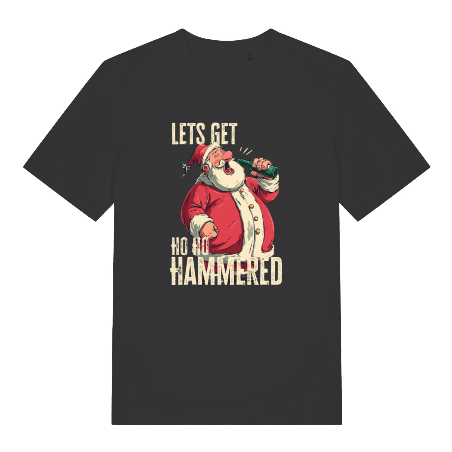 black christmas t-shirt with the graphic of santa drinking a beer and the slogan 'lets get ho ho hammered'