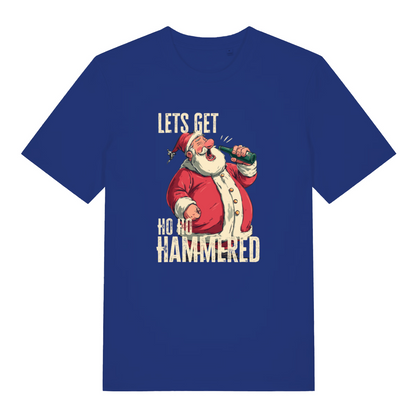 blue christmas t-shirt with the graphic of santa drinking a beer and the slogan 'lets get ho ho hammered'
