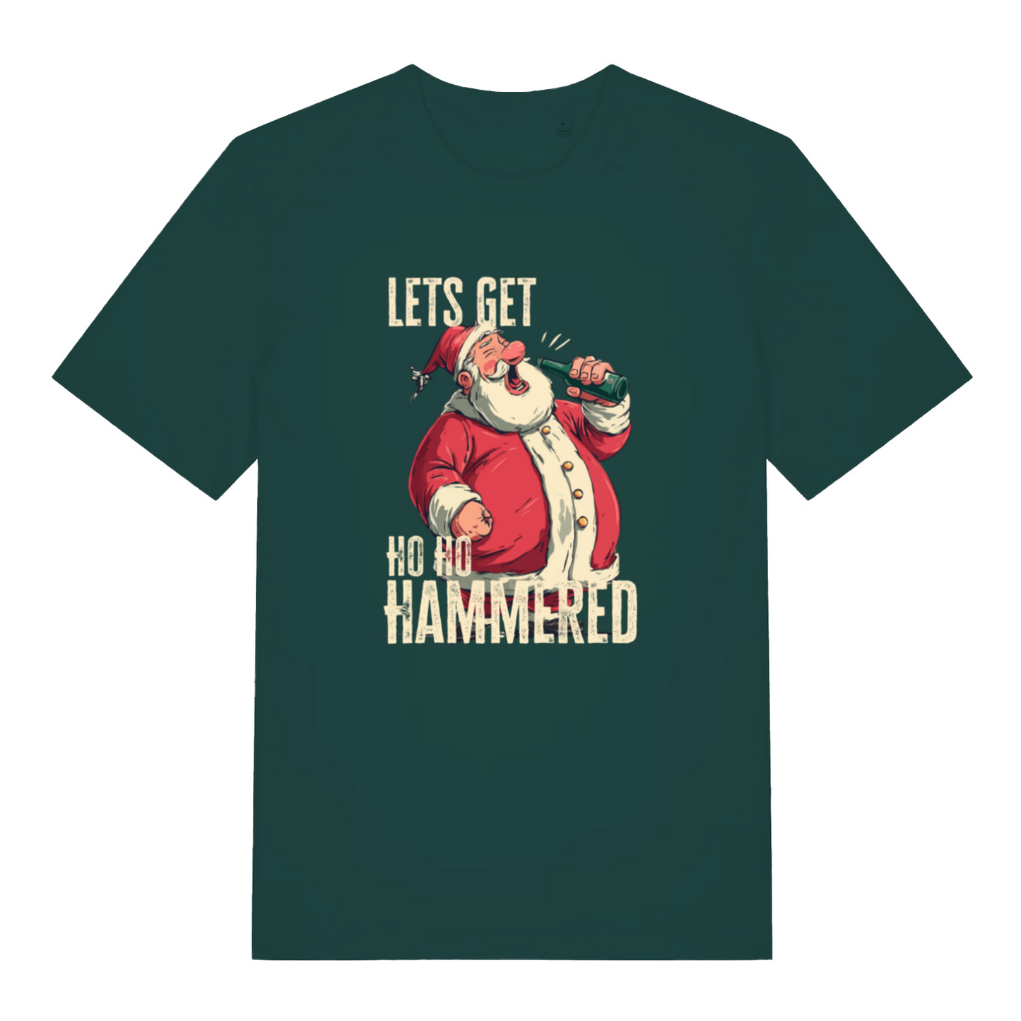 green christmas t-shirt with the graphic of santa drinking a beer and the slogan 'lets get ho ho hammered'