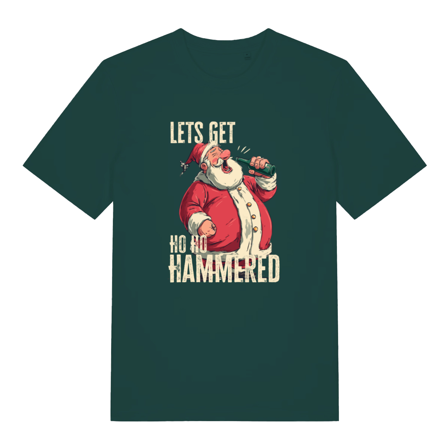 green christmas t-shirt with the graphic of santa drinking a beer and the slogan 'lets get ho ho hammered'
