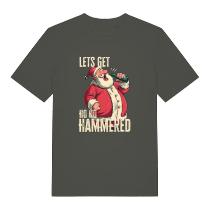 khaki christmas t-shirt with the graphic of santa drinking a beer and the slogan 'lets get ho ho hammered'
