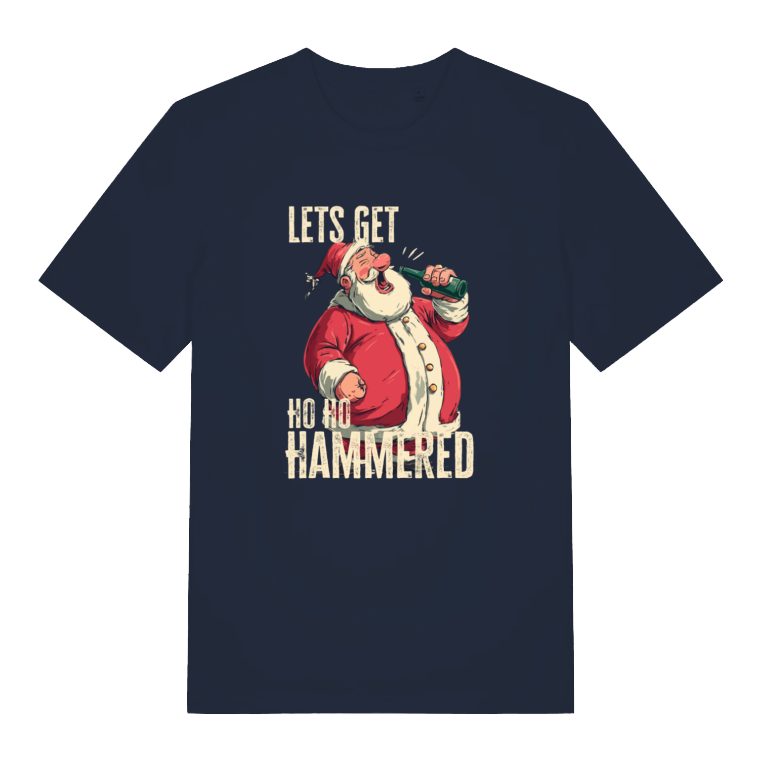 navy christmas t-shirt with the graphic of santa drinking a beer and the slogan 'lets get ho ho hammered'