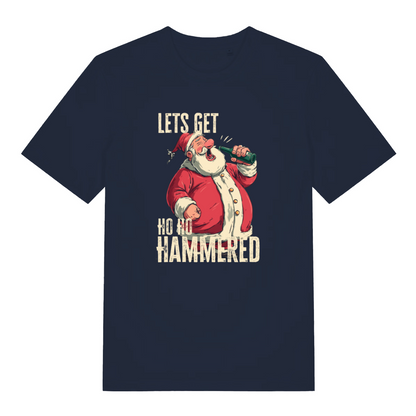 navy christmas t-shirt with the graphic of santa drinking a beer and the slogan 'lets get ho ho hammered'