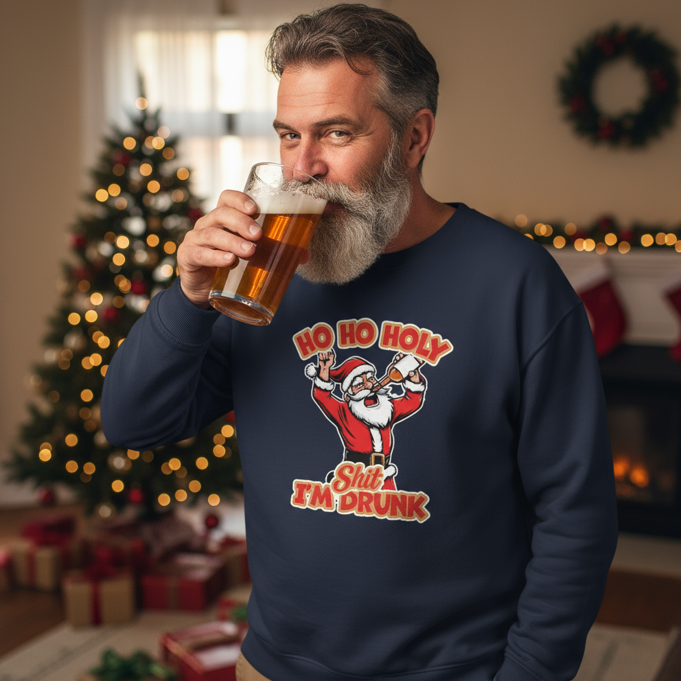 Man drinking beer wearing a navy blue sweatshirt with a Christmas-themed graphic and text.