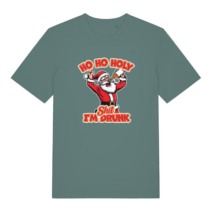 green christmas t-shirt with the graphic of santa and the slogan 'ho ho holy shit i'm drunk'