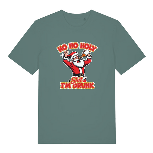 green christmas t-shirt with the graphic of santa and the slogan 'ho ho holy shit i'm drunk'