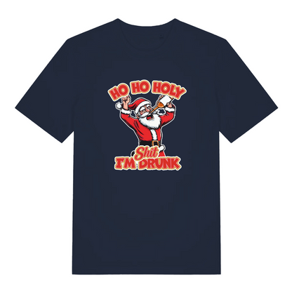 navy christmas t-shirt with the graphic of santa and the slogan 'ho ho holy shit i'm drunk'