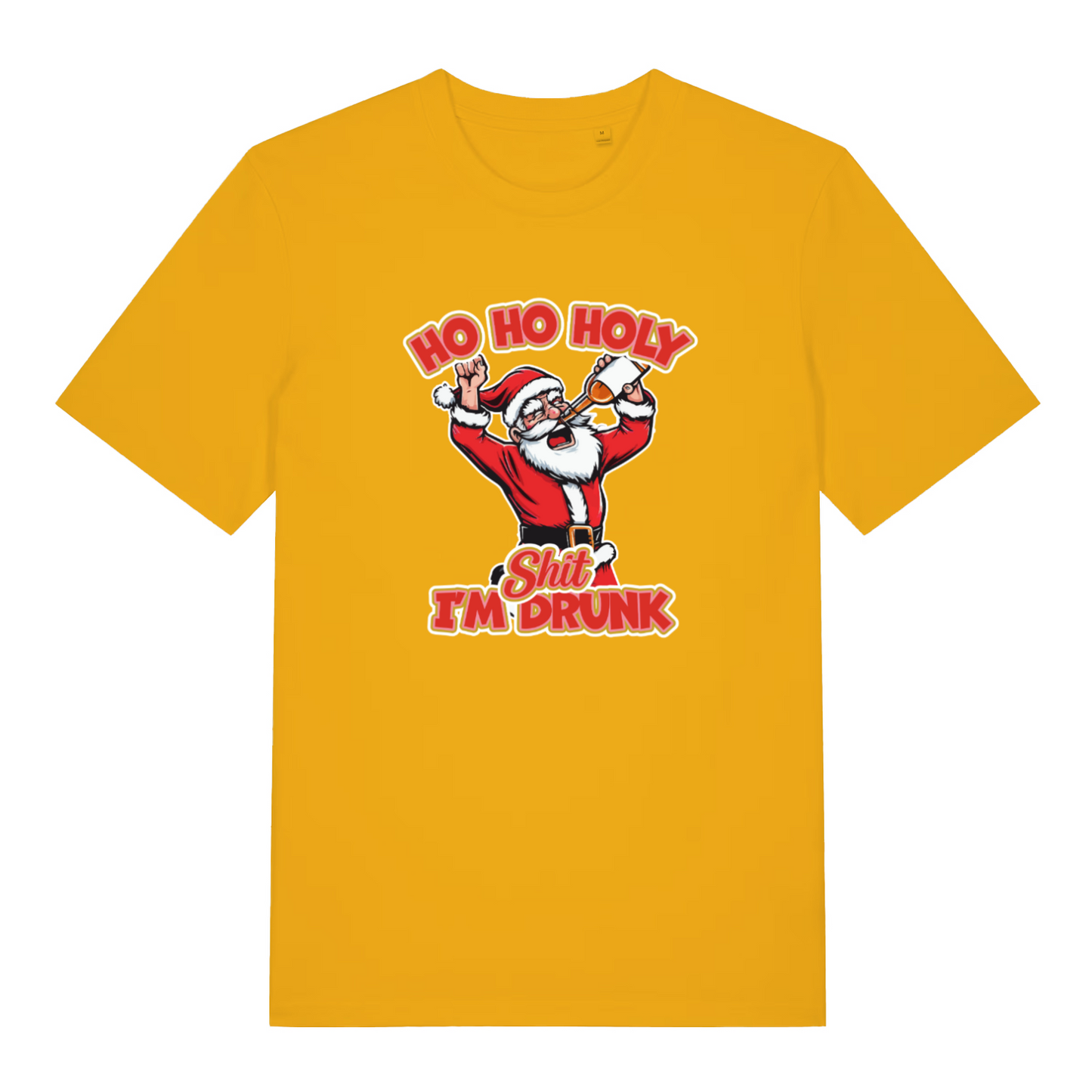 yellow christmas t-shirt with the graphic of santa and the slogan 'ho ho holy shit i'm drunk'