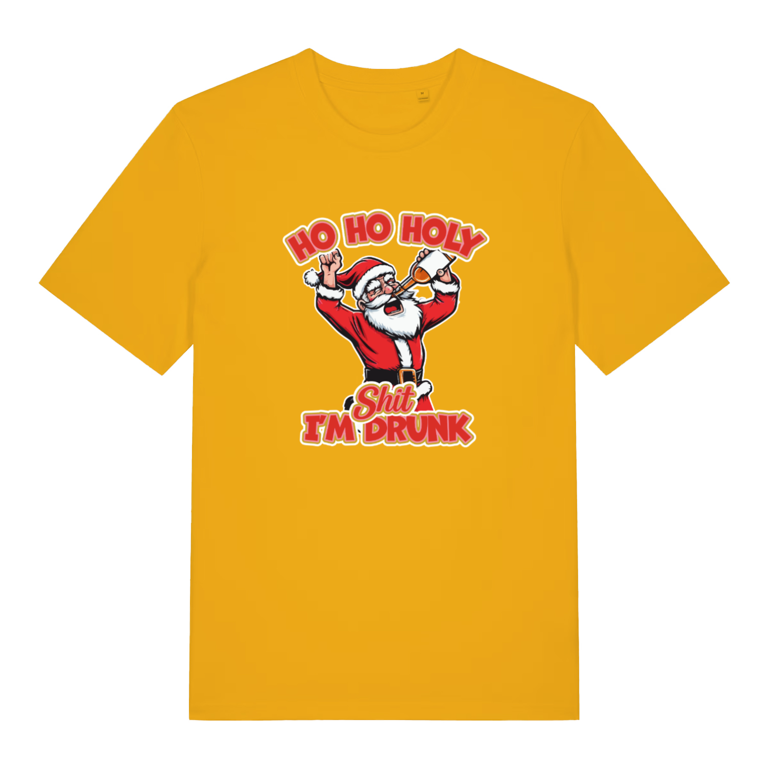 yellow christmas t-shirt with the graphic of santa and the slogan 'ho ho holy shit i'm drunk'