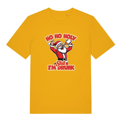 yellow christmas t-shirt with the graphic of santa and the slogan 'ho ho holy shit i'm drunk'