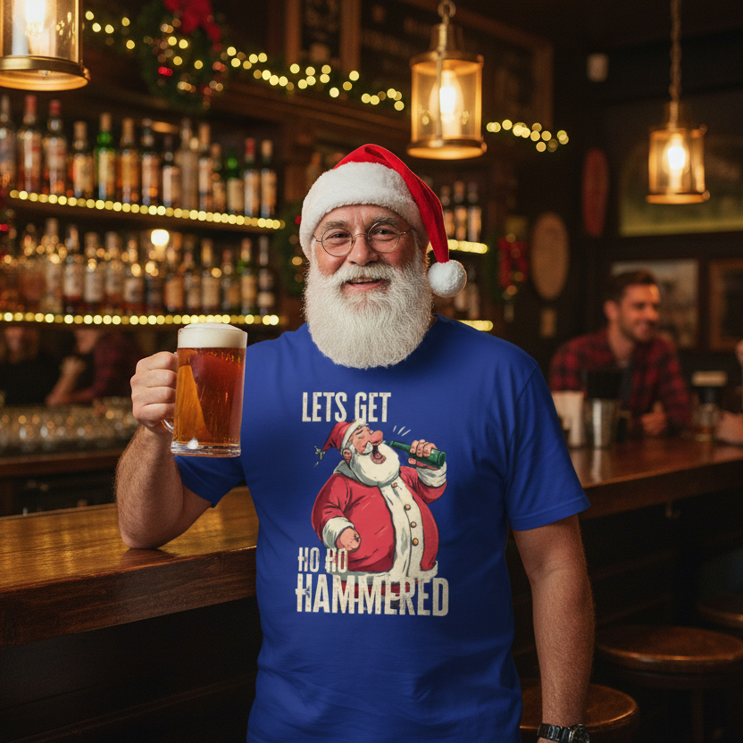 Man in a bar wearing a blue t-shirt with a Santa Claus graphic and text, holding a beer.