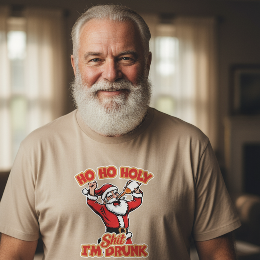 Man wearing a beige t-shirt with a graphic of Santa Claus and text in a room.