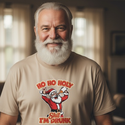 Man wearing a beige t-shirt with a graphic of Santa Claus and text in a room.