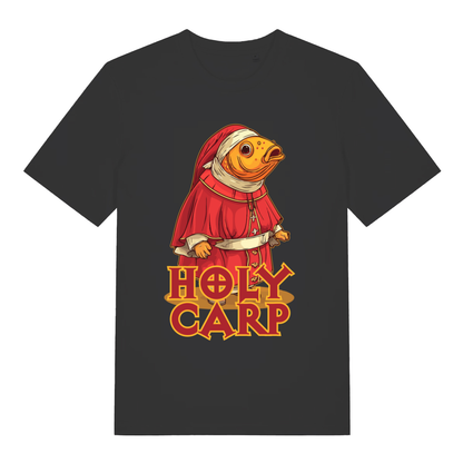 Black Holy Carp T-shirt flat lay with Pope fish "Holy Carp" funny animal graphic