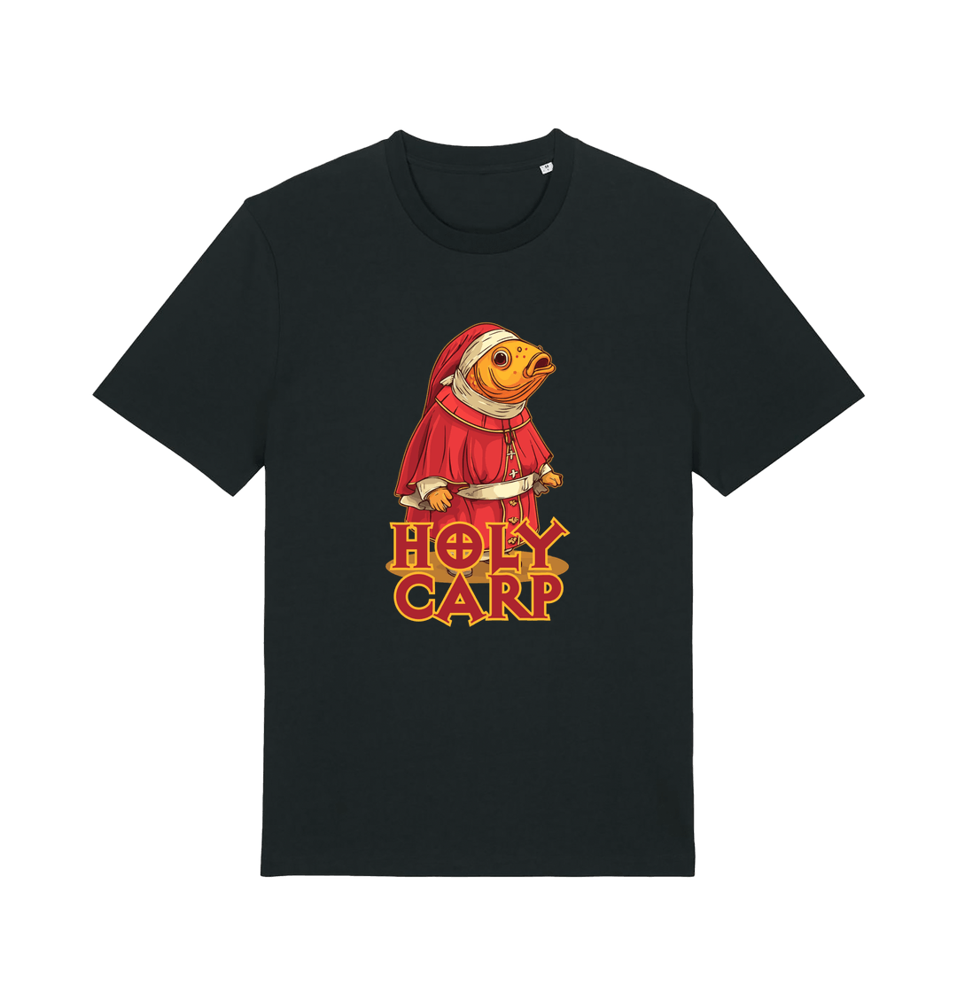 black funny offensive t-shirt with the graphic of a fish dressed in holy robes and the slogan 'holy carp'