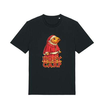 black funny offensive t-shirt with the graphic of a fish dressed in holy robes and the slogan 'holy carp'