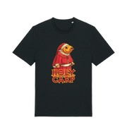 black funny offensive t-shirt with the graphic of a fish dressed in holy robes and the slogan 'holy carp'