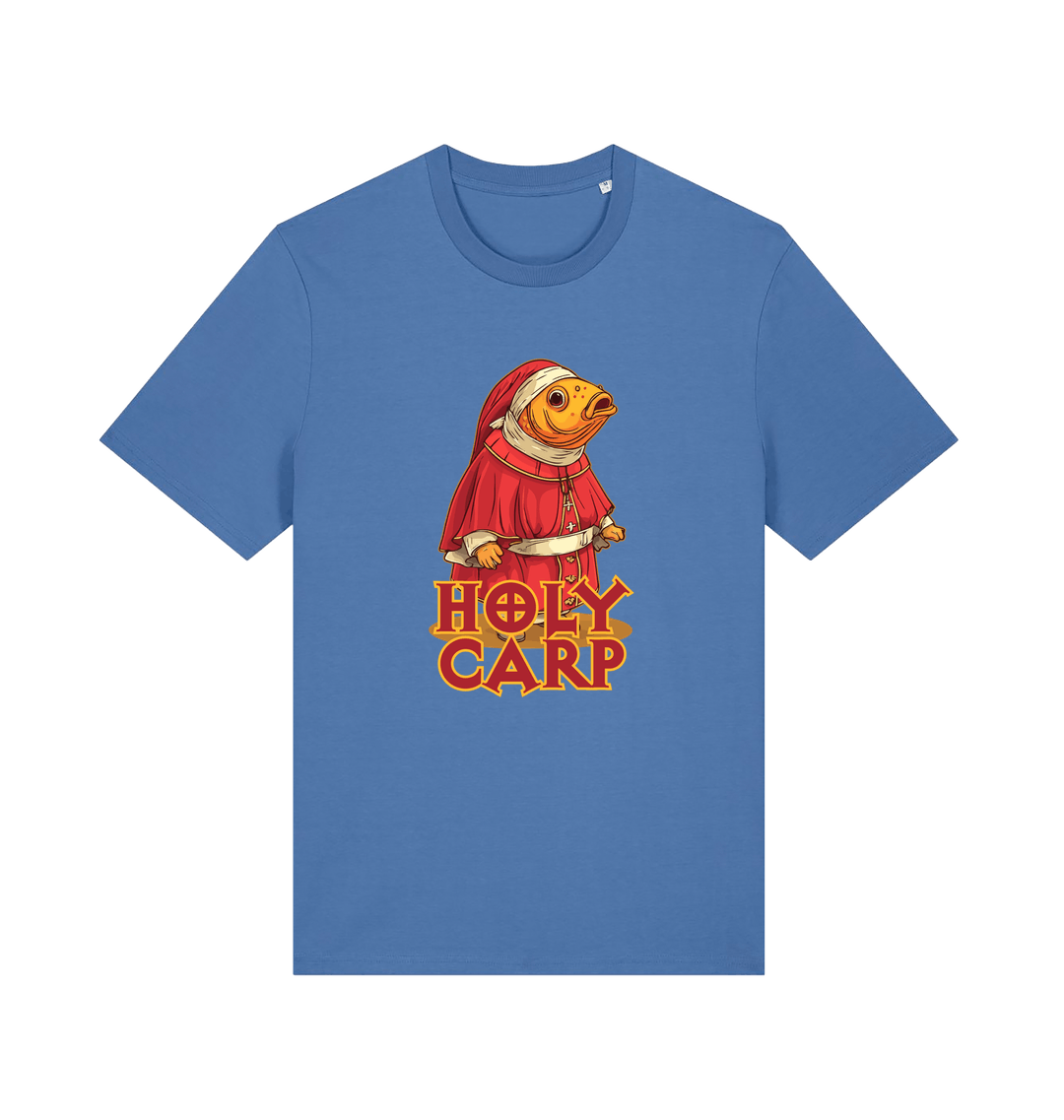 blue funny offensive t-shirt with the graphic of a fish dressed in holy robes and the slogan 'holy carp'