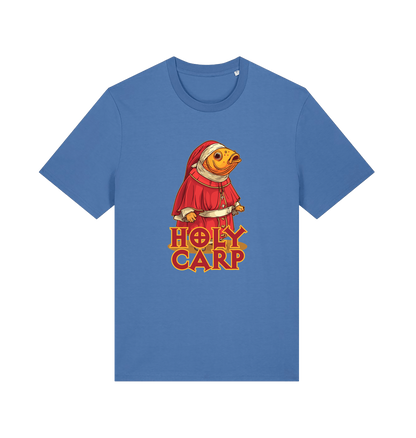 blue funny offensive t-shirt with the graphic of a fish dressed in holy robes and the slogan 'holy carp'