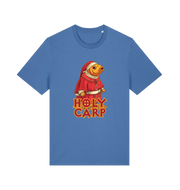 blue funny offensive t-shirt with the graphic of a fish dressed in holy robes and the slogan 'holy carp'