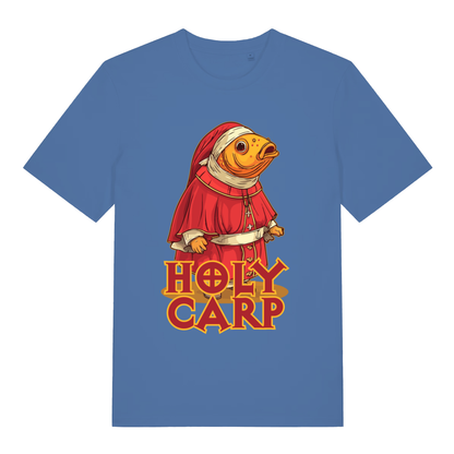 Bright Blue Holy Carp T-shirt flat lay featuring hilarious carp dressed as Pope illustration
