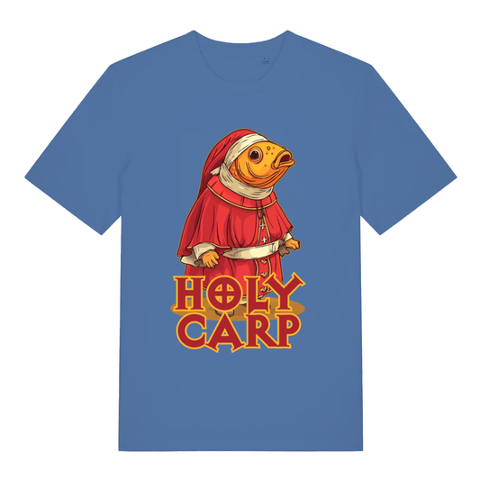 Bright Blue Holy Carp T-shirt flat lay featuring hilarious carp dressed as Pope illustration