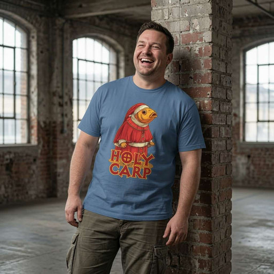 Man laughing against brick pillar in bright blue Holy Carp tee with papal fish design, mens funny witty fish pun