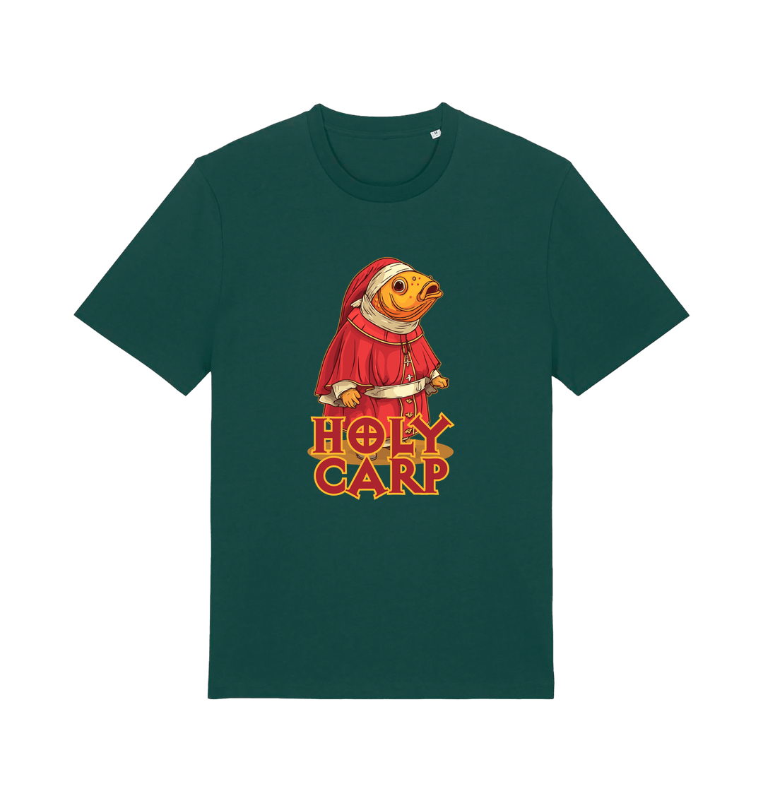 green funny offensive t-shirt with the graphic of a fish dressed in holy robes and the slogan 'holy carp'