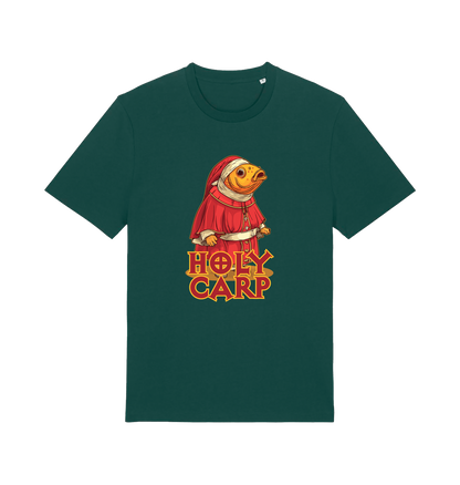 green funny offensive t-shirt with the graphic of a fish dressed in holy robes and the slogan 'holy carp'