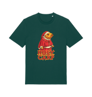 green funny offensive t-shirt with the graphic of a fish dressed in holy robes and the slogan 'holy carp'