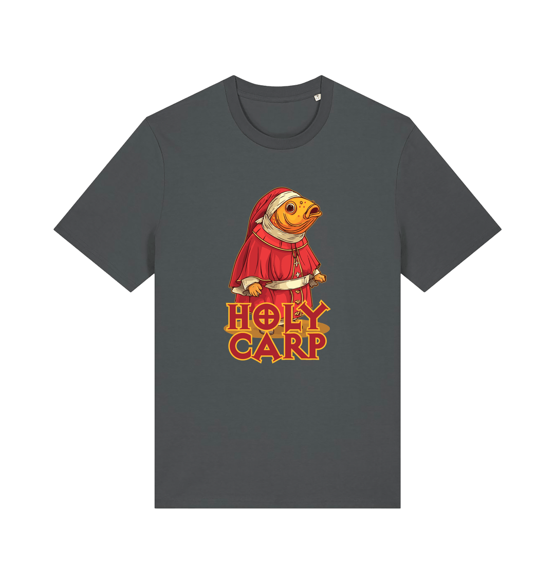 grey funny offensive t-shirt with the graphic of a fish dressed in holy robes and the slogan 'holy carp'