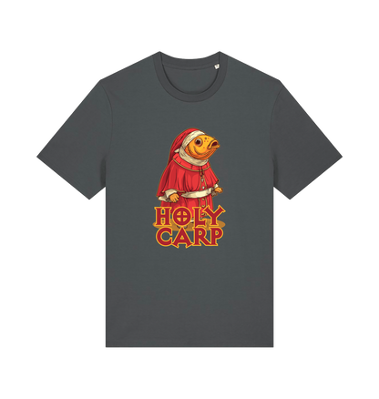 grey funny offensive t-shirt with the graphic of a fish dressed in holy robes and the slogan 'holy carp'