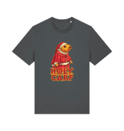 grey funny offensive t-shirt with the graphic of a fish dressed in holy robes and the slogan 'holy carp'