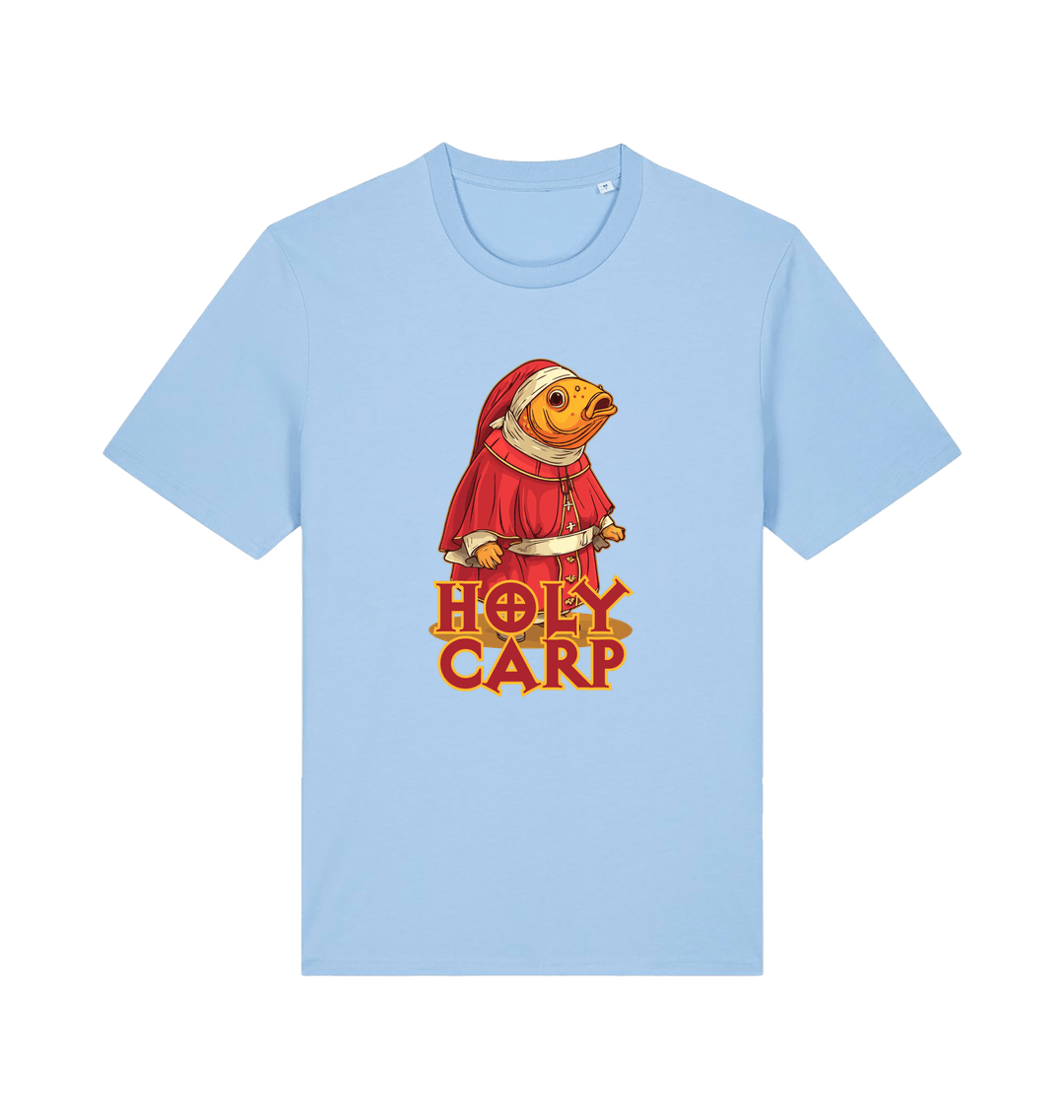 light blue funny offensive t-shirt with the graphic of a fish dressed in holy robes and the slogan 'holy carp'