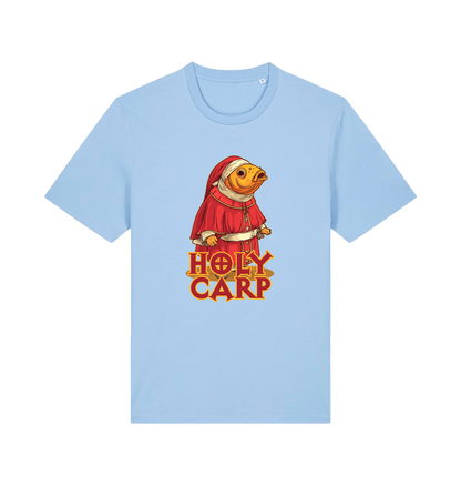 light blue funny offensive t-shirt with the graphic of a fish dressed in holy robes and the slogan 'holy carp'