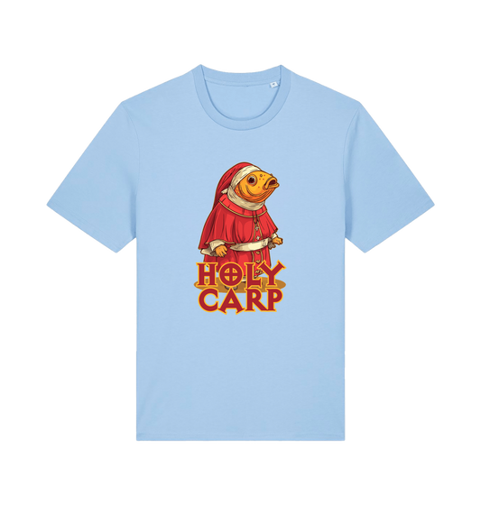 light blue funny offensive t-shirt with the graphic of a fish dressed in holy robes and the slogan 'holy carp'