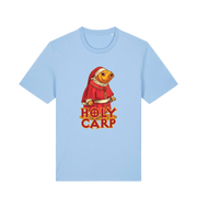 light blue funny offensive t-shirt with the graphic of a fish dressed in holy robes and the slogan 'holy carp'