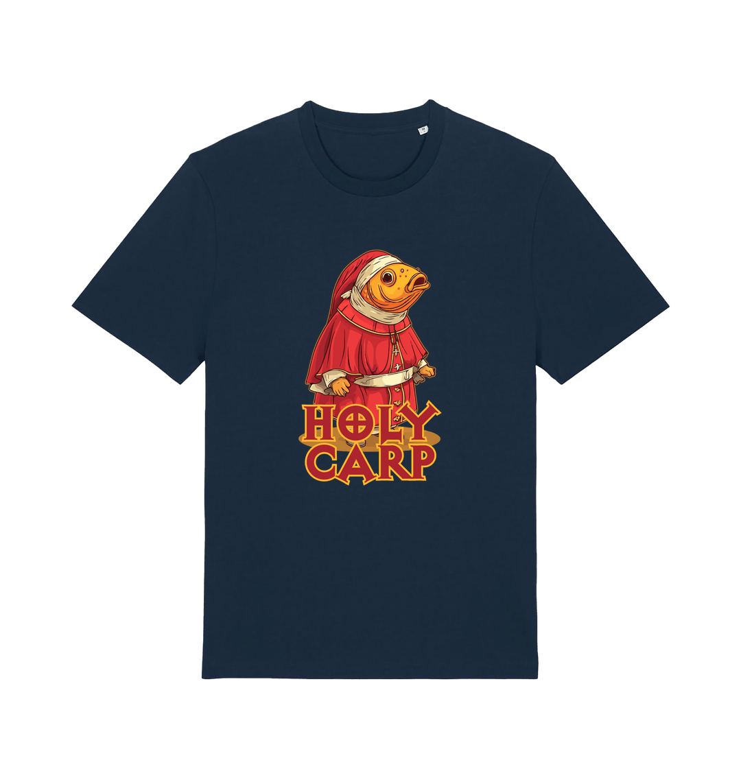 navy funny offensive t-shirt with the graphic of a fish dressed in holy robes and the slogan 'holy carp'