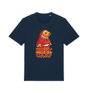 navy funny offensive t-shirt with the graphic of a fish dressed in holy robes and the slogan 'holy carp'