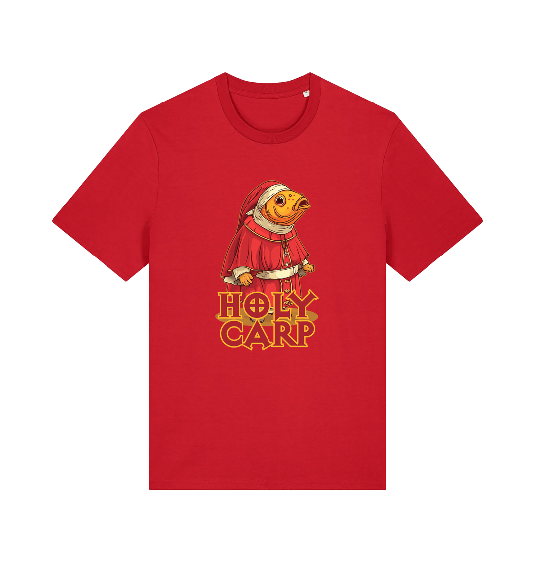 red funny offensive t-shirt with the graphic of a fish dressed in holy robes and the slogan 'holy carp'