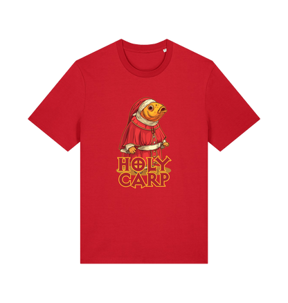 red funny offensive t-shirt with the graphic of a fish dressed in holy robes and the slogan 'holy carp'