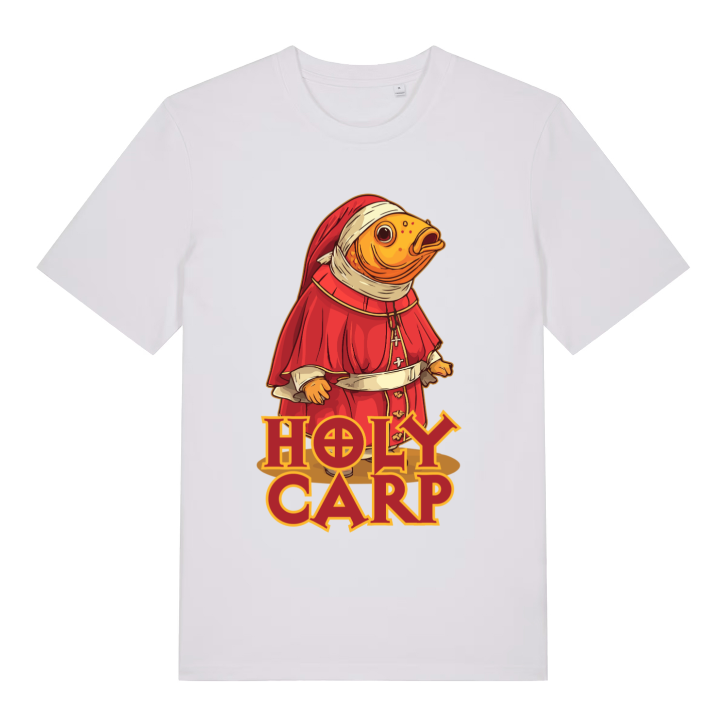 White Holy Carp T-shirt flat lay displaying Holy Carp fish in papal robes illustration