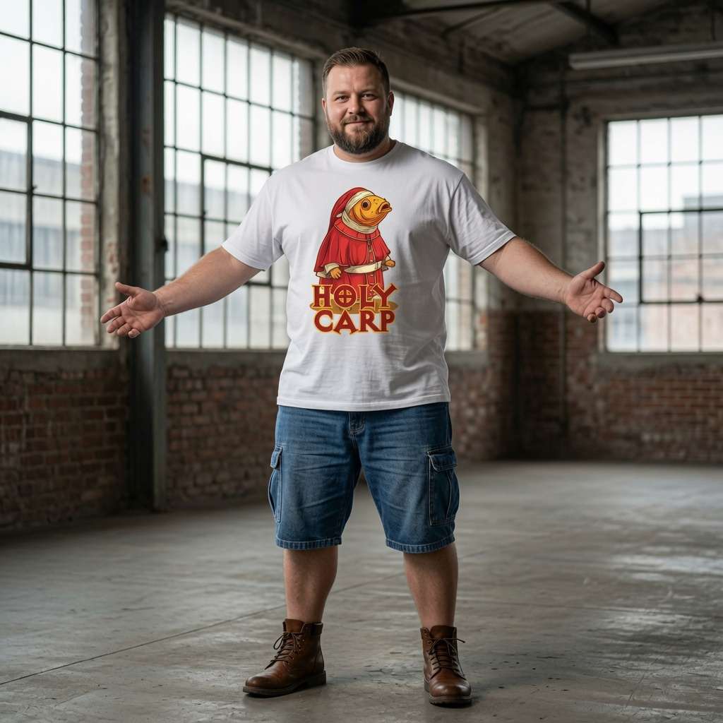 Bearded man with arms out in white Holy Carp t-shirt, funny mens witty fish pun graphic