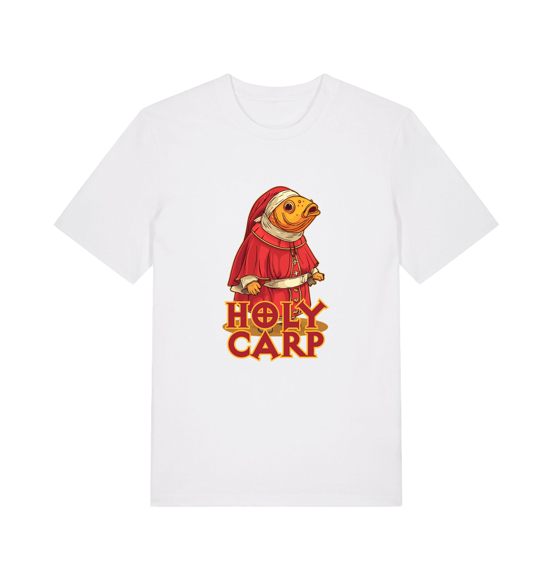 white funny offensive t-shirt with the graphic of a fish dressed in holy robes and the slogan 'holy carp'