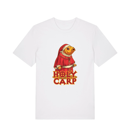 white funny offensive t-shirt with the graphic of a fish dressed in holy robes and the slogan 'holy carp'