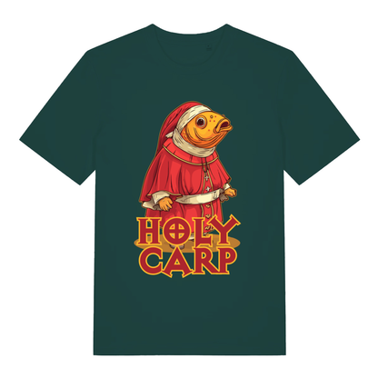 Glazed Green Holy Carp T-shirt flat lay with funny Pope carp graphic