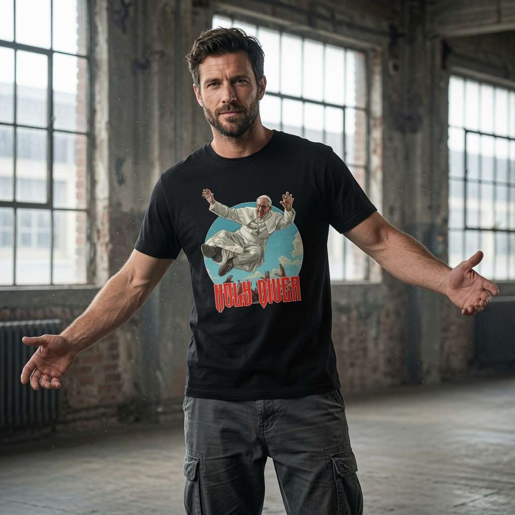 Bearded man with arms out in black Holy Diver tee with flying Pope design, funny mens music inspired graphic