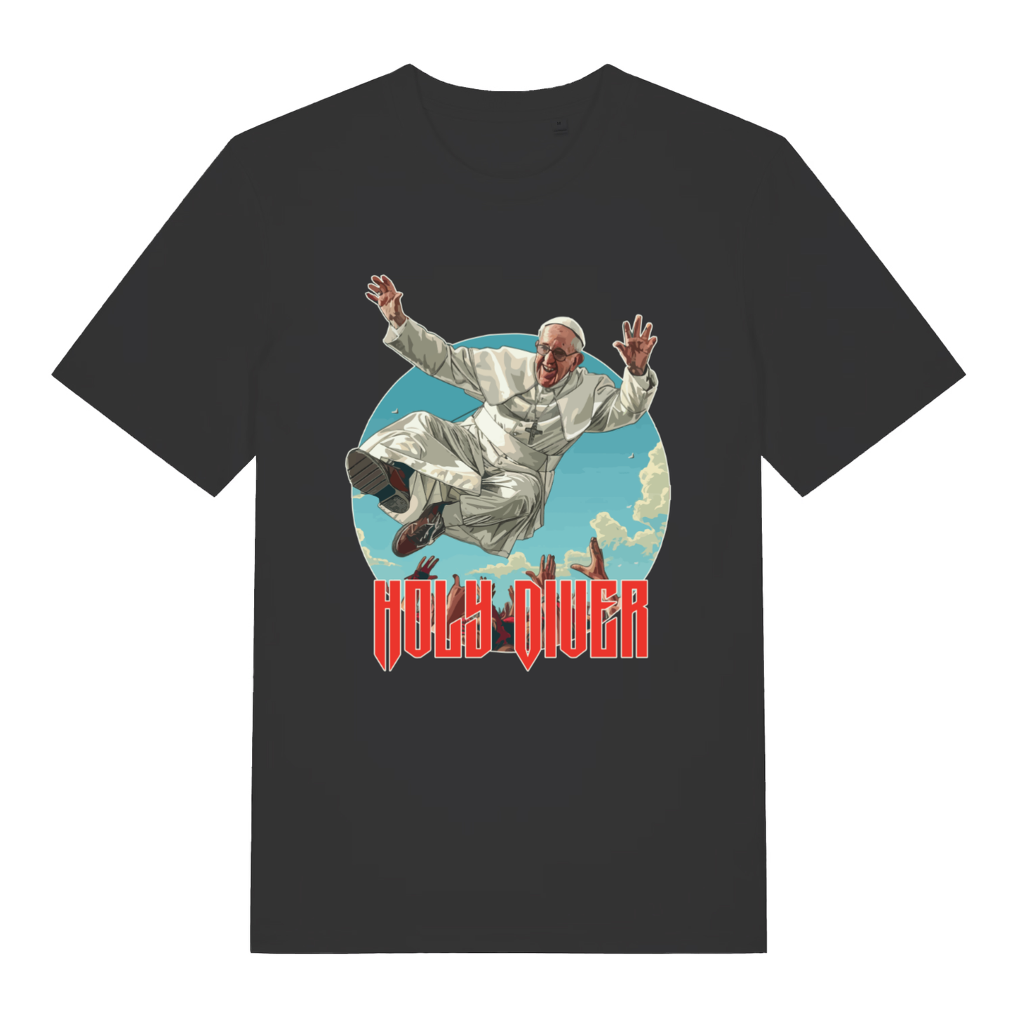 Black Holy Diver T-shirt flat lay with Pope Francis diving "Holy Diver" funny music parody graphic